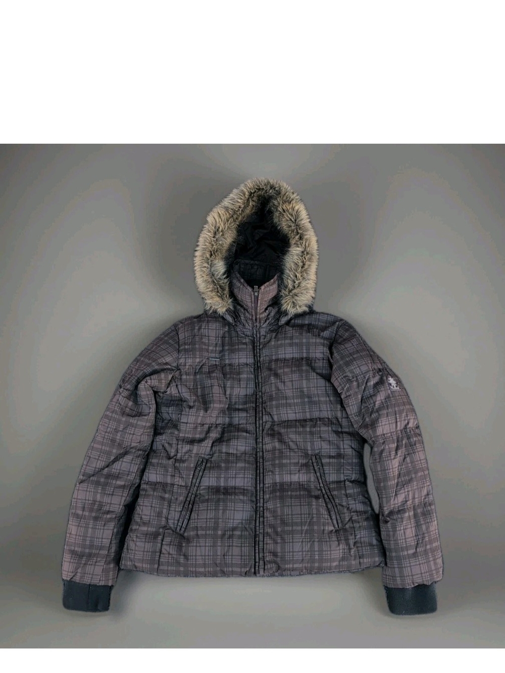 Columbia Jacket Womens Large Brown Plaid Faux Fur Hood Down Insulated Puffer